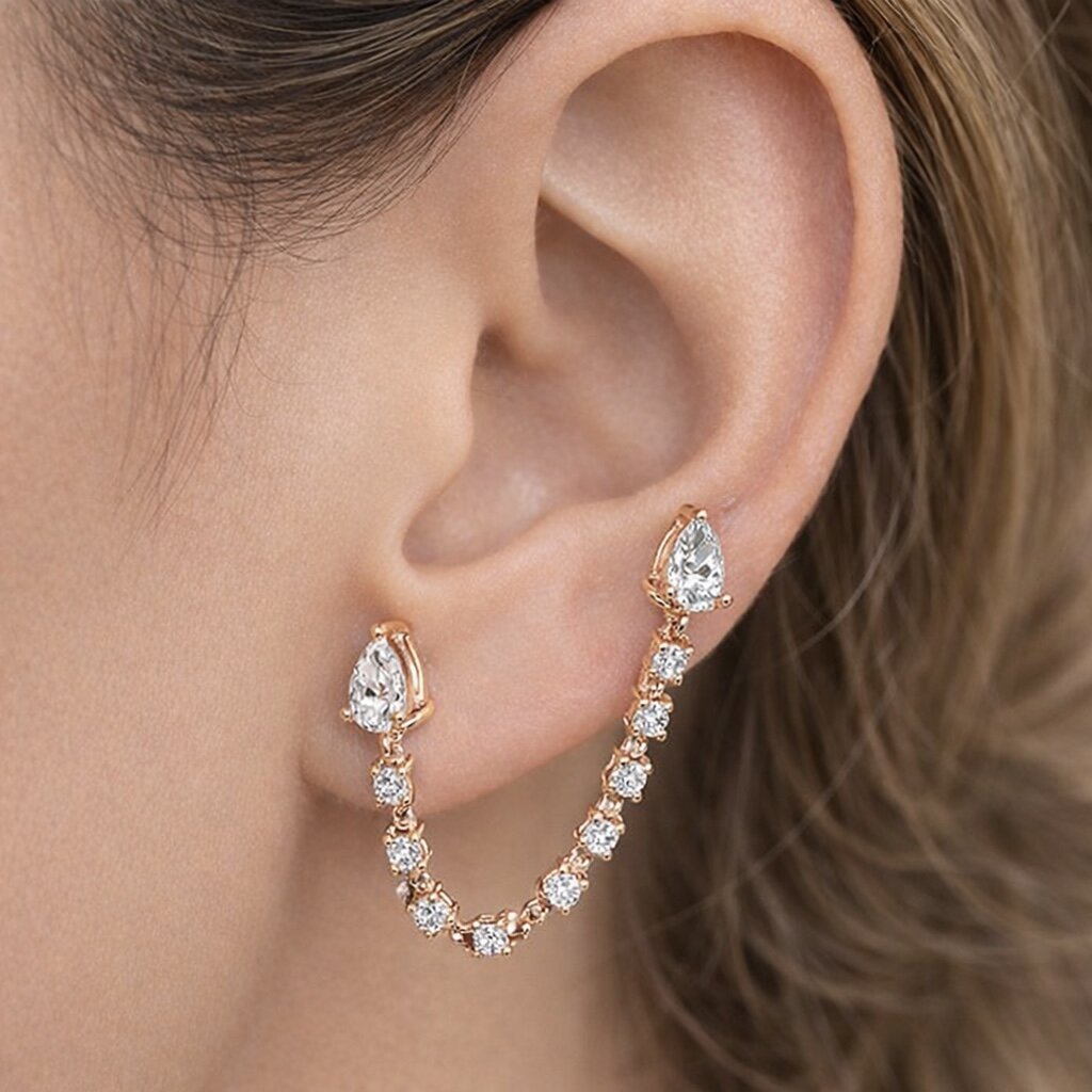 Tear drop celeste connected chain Earing - PINKXLUXE